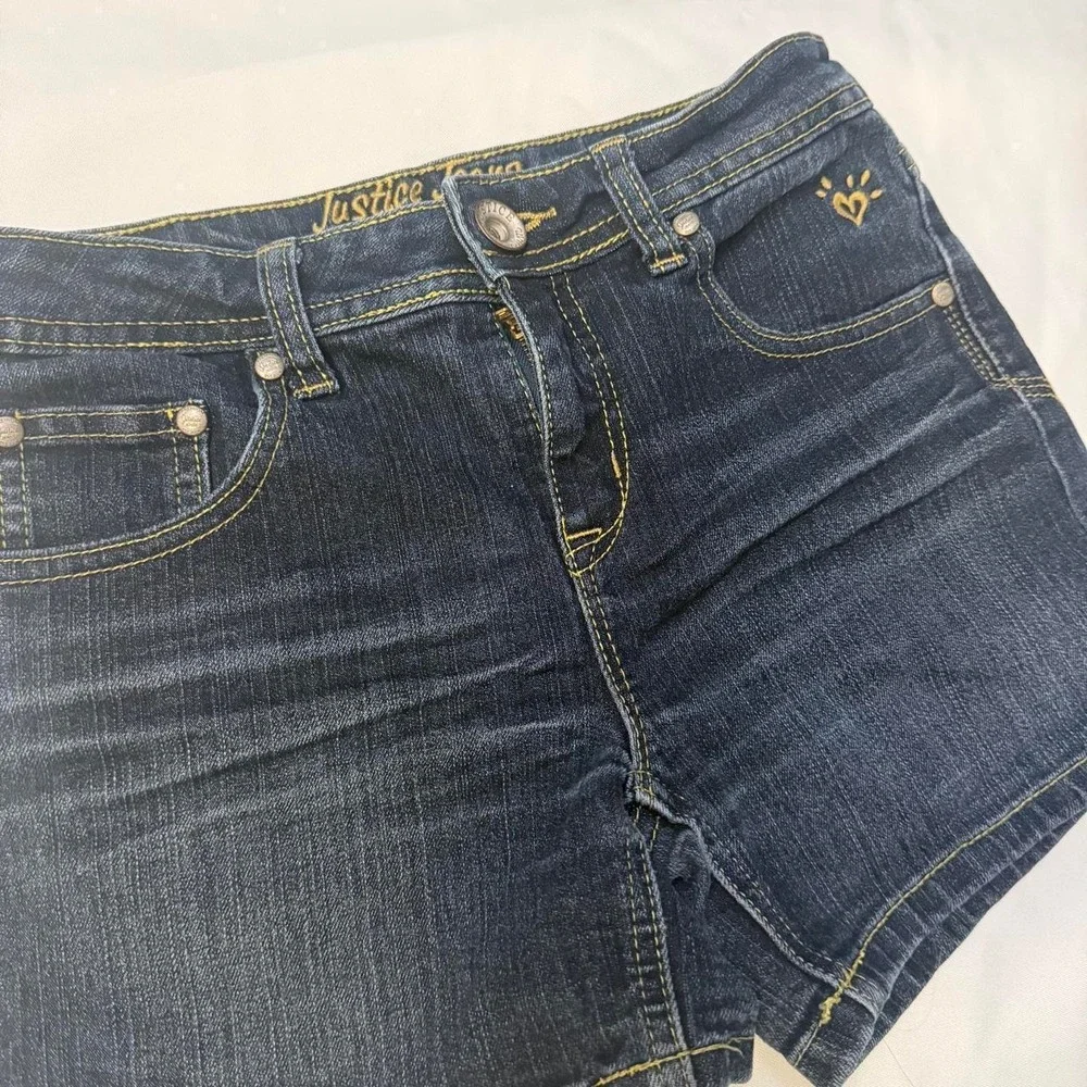 Justice Girls 14R Denim Shorts Dark Wash Embroidered Heart Stretch SCHOOL COMFY